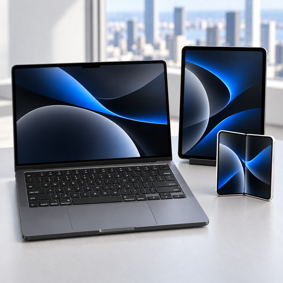Space Black MacBook Pro, iPad Pro, and Star White iPhone Duo on an office desk, an Apple fleet managed by trenave