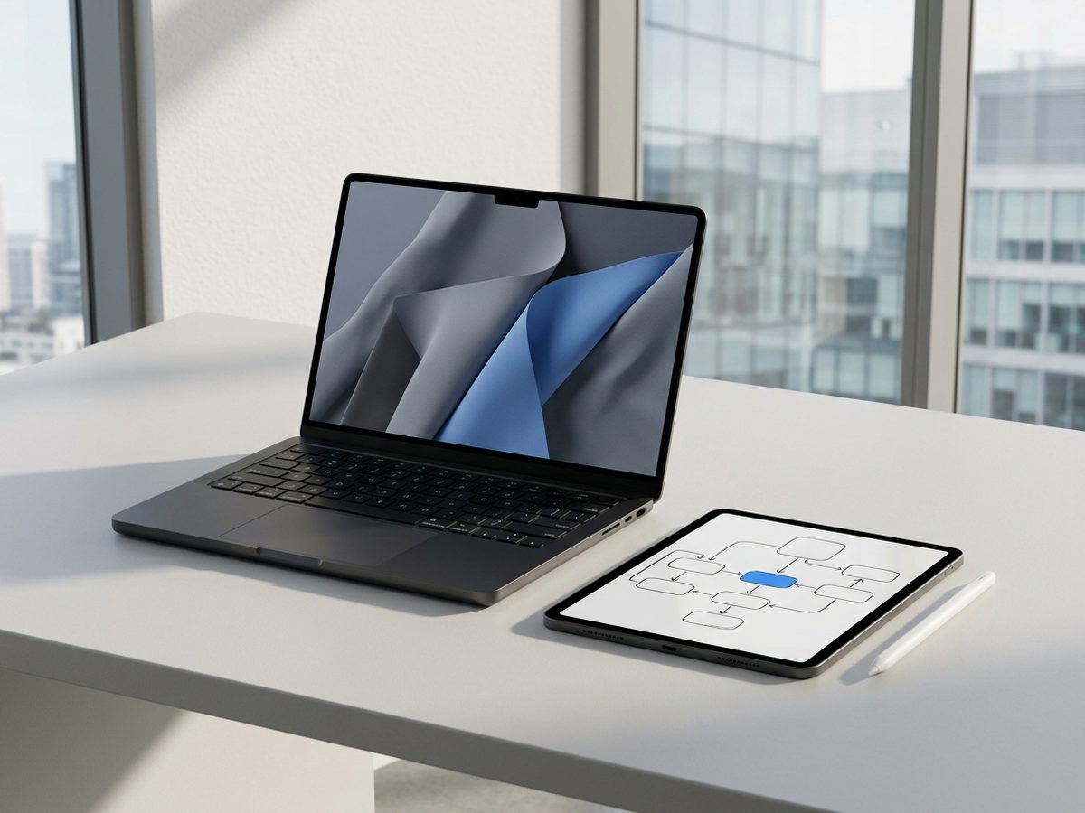 Space Black MacBook Pro beside an iPad Pro showing a hand-drawn Apple fleet architecture diagram with an Apple Pencil Pro