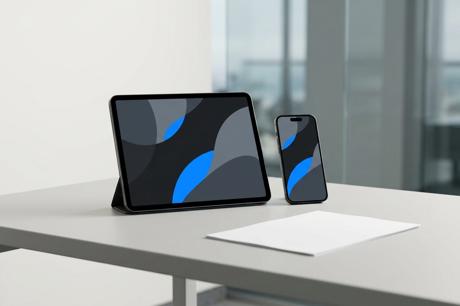 iPad Pro in a folio and iPhone 18 Pro standing on a desk beside a face-down document, a governed and reviewed AI deployment