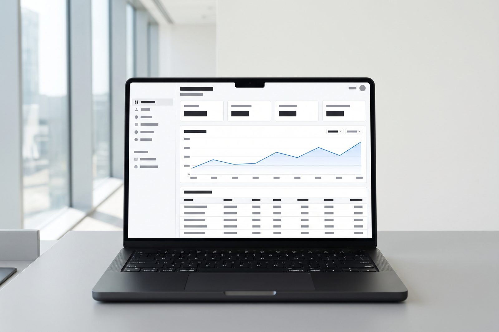 Space Black MacBook Pro showing a custom internal dashboard with KPI tiles, a trend chart, and a data table