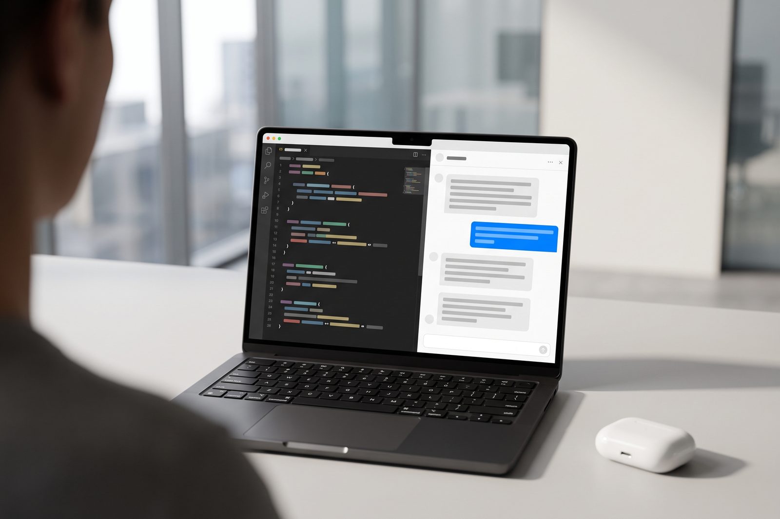 Engineer at a Space Black MacBook Pro with a code editor and an AI assistant panel side by side, AirPods Pro case on the desk