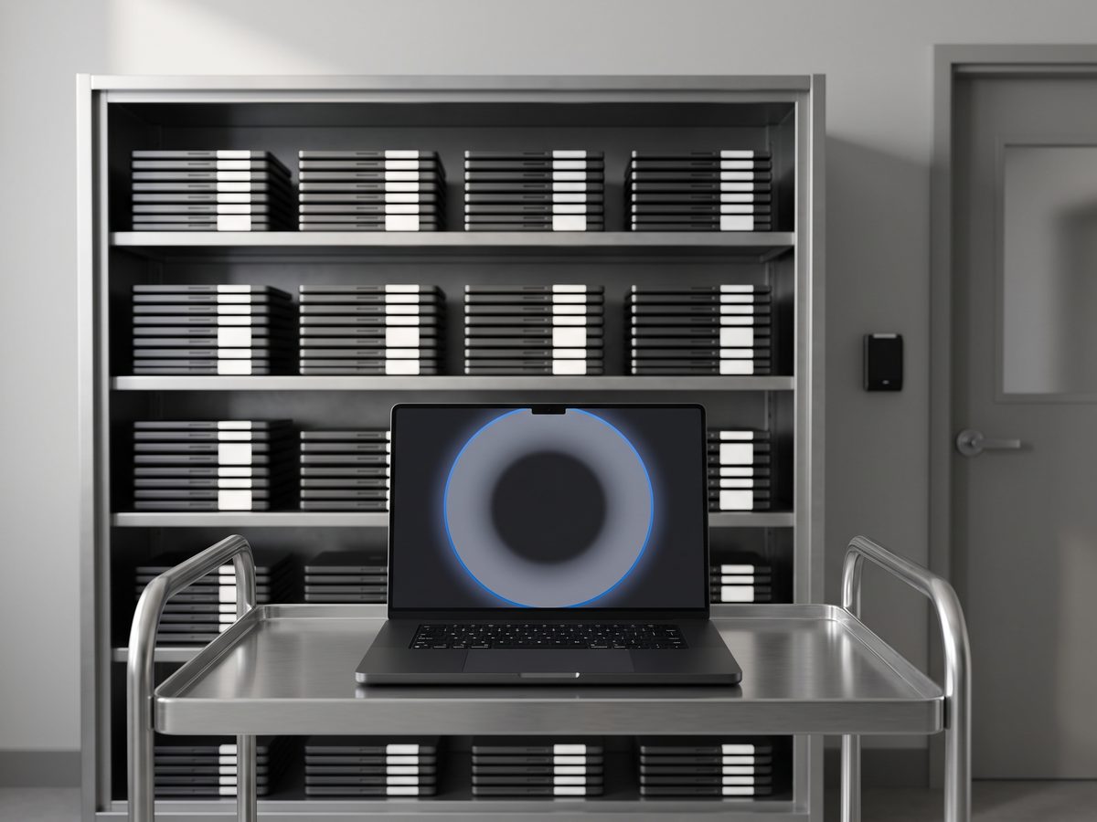 Institutional IT staging room: cabinet of closed Space Black MacBook Pros with one open on a stainless cart