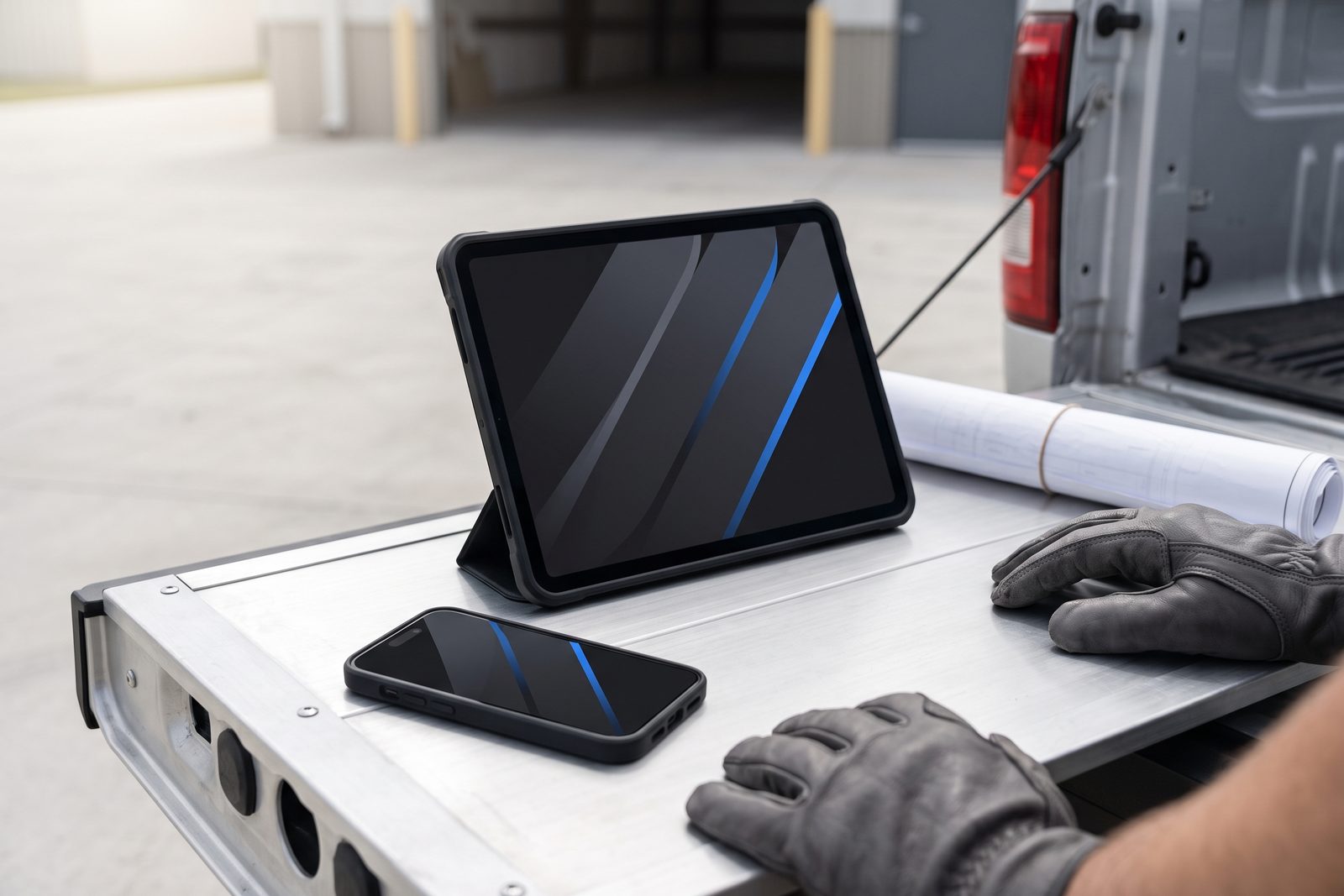 Florida specialty contractor's managed iPad Pro and iPhone 18 Pro in rugged cases on a job-site truck tailgate