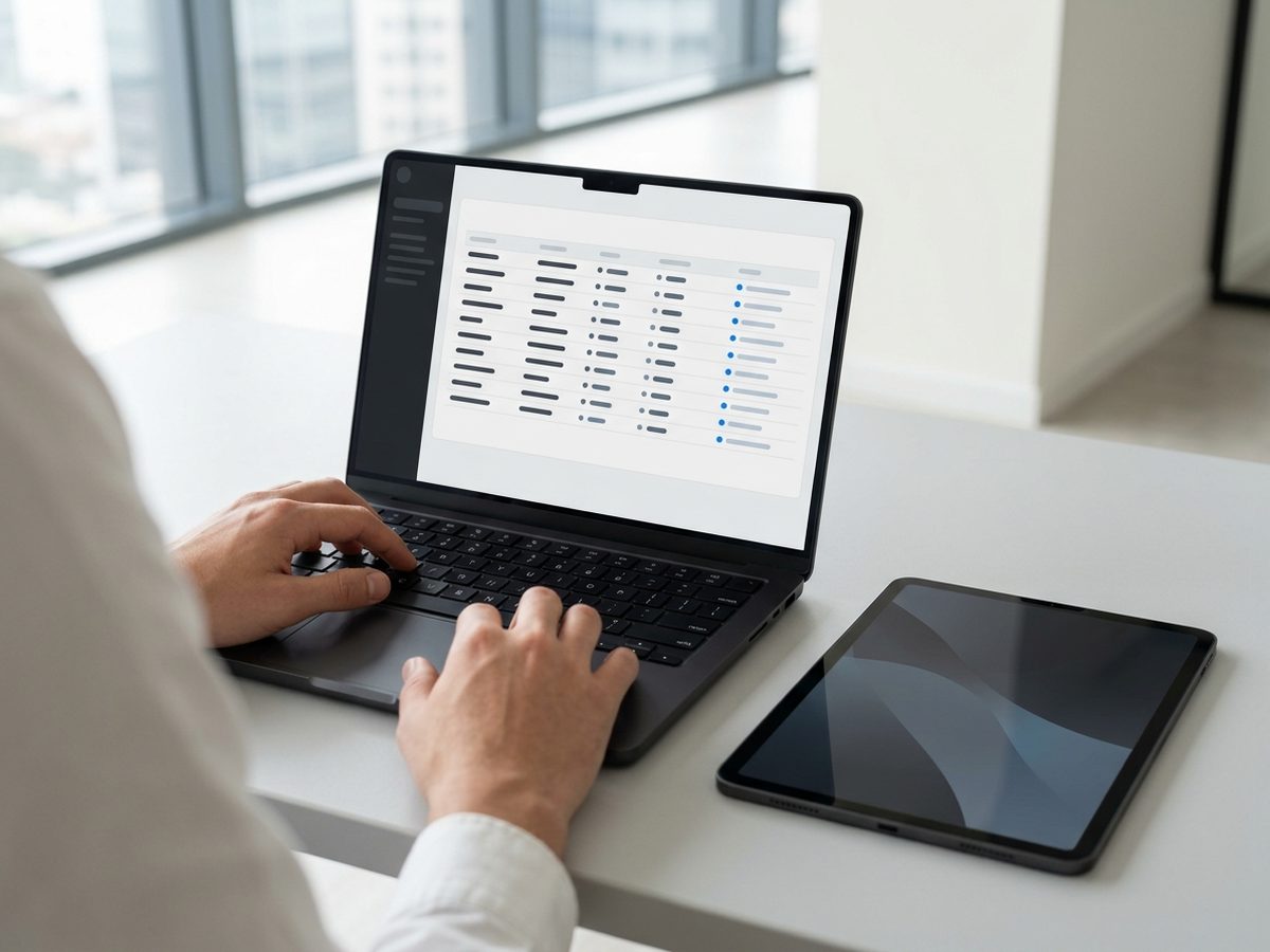 IT lead at a Space Black MacBook Pro reviewing a device inventory, with an iPad Pro beside it