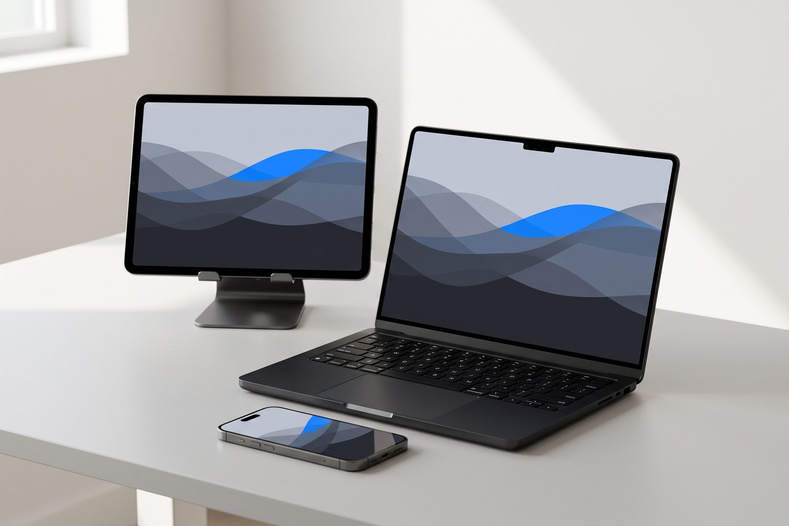 Space Black MacBook Pro, iPad Pro on a stand, and iPhone 18 Pro on an office desk, managed as one Apple fleet