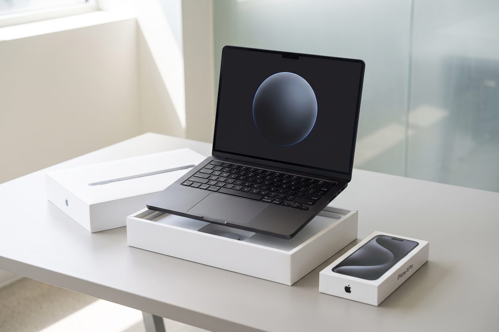 New Space Black MacBook Pro lifted from its box beside a sealed iPhone box, ready for zero-touch deployment