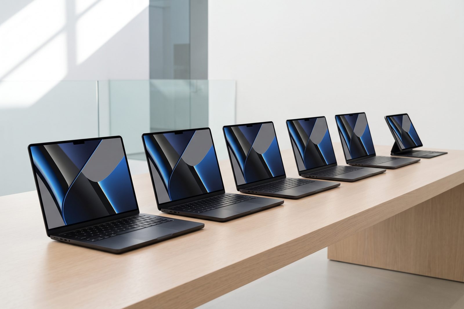 Row of identical Space Black MacBook Pro laptops and an iPad Pro on a long oak table in a white institutional workspace