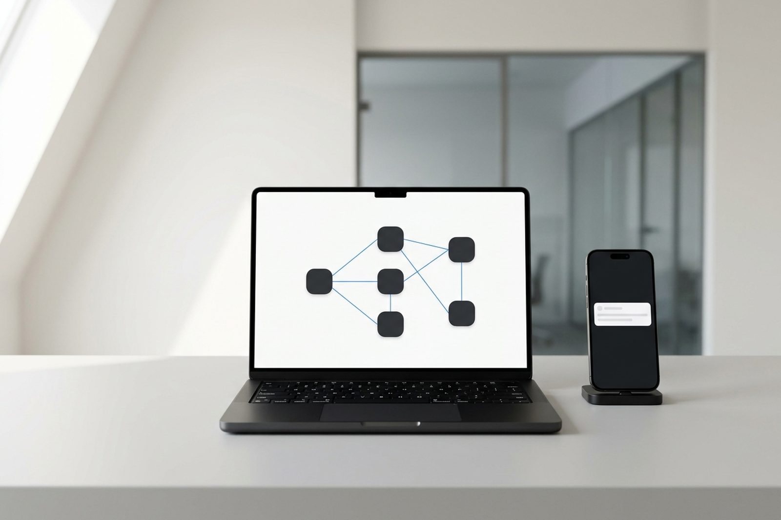 Space Black MacBook Pro showing a workflow diagram of connected systems, with an iPhone 18 Pro on a stand receiving a notification